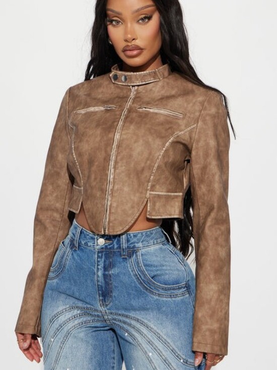 Fashion Nova Jackets & Blazers - Fashion Nova Taupe Brown Cropped Moto Jacket